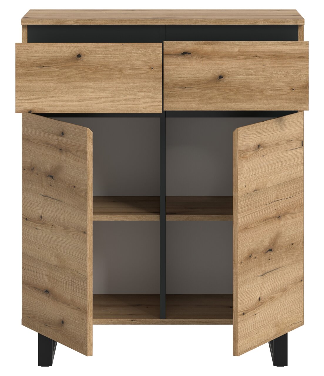 Kommode aus Holz mit zwei offenen Schubladen und zwei offenen Türen, frontal betrachtet.