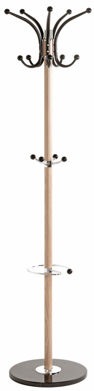 Moderner Garderobenständer aus Holz und Metall mit mehreren Haken, frontal abgebildet.