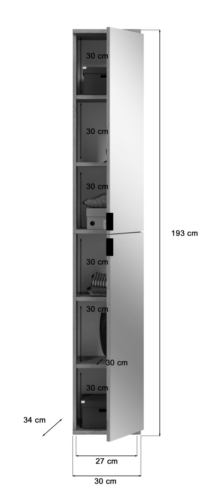 Schmaler, hoher Schrank mit mehreren Fächern, teilweise geöffnet, aus seitlicher Perspektive. Maße: 193 cm hoch, 34 cm tief, 27 cm breit.