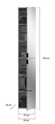 Schmaler, hoher Schrank mit mehreren Fächern, teilweise geöffnet, aus seitlicher Perspektive. Maße: 193 cm hoch, 34 cm tief, 27 cm breit.
