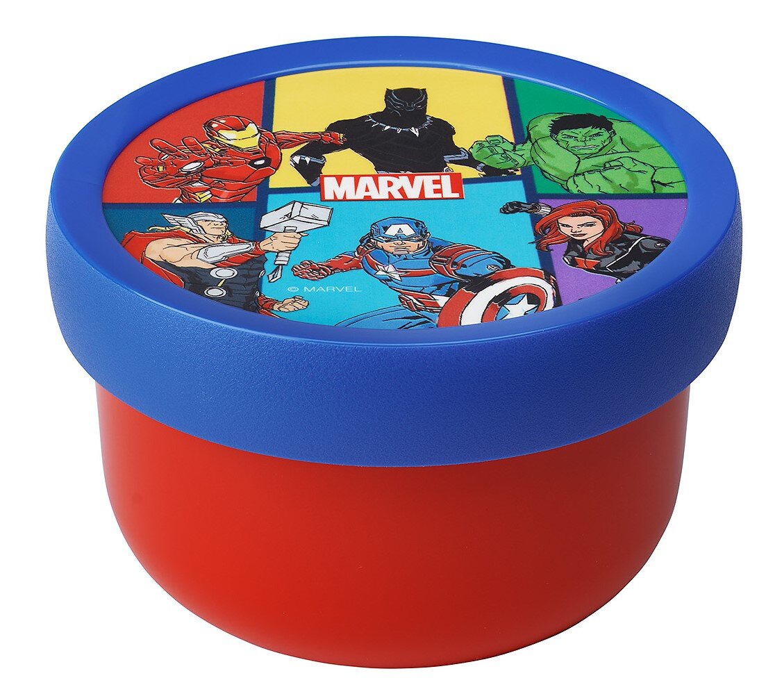 Ronde lunchbox met blauw deksel, versierd met Marvel Avengers-figuren, gezien vanuit vogelperspectief.