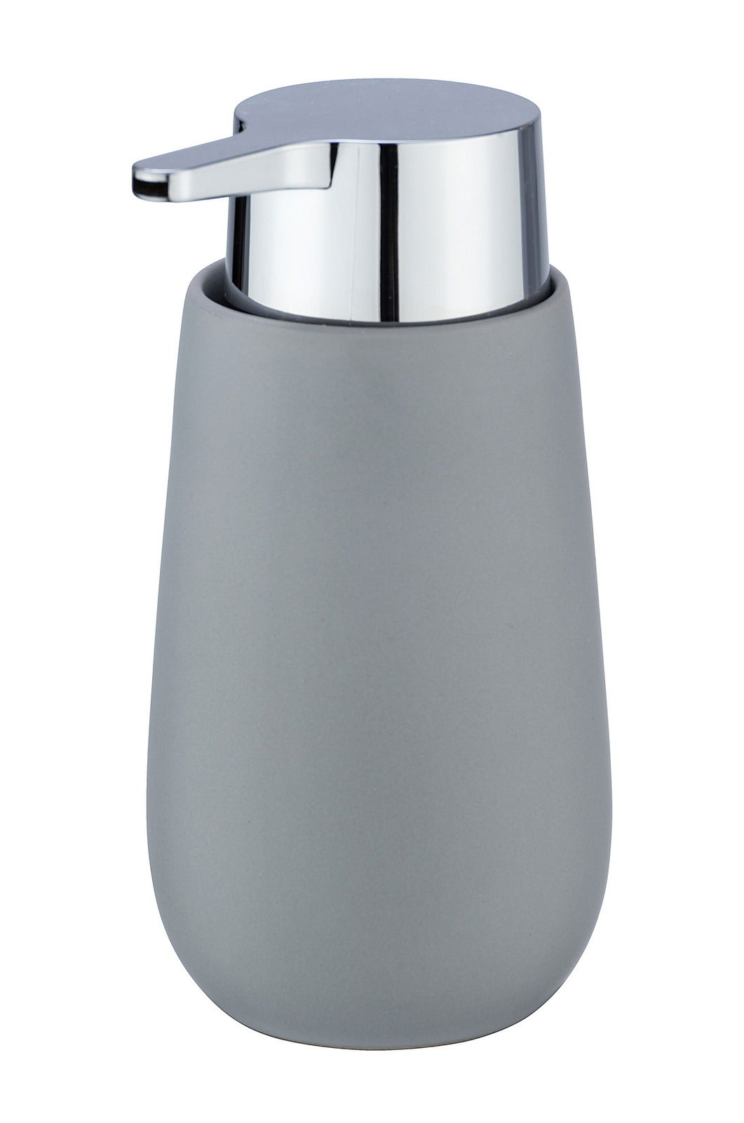 Wenko Keramik Seifenspender BADI Grauer Keramik Seifenspender mit silbernem Pumpkopf, frontal abgebildet.