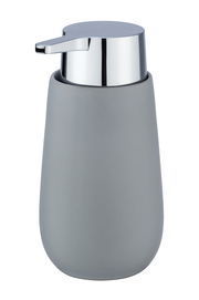Grauer Keramik Seifenspender mit silbernem Pumpkopf, frontal abgebildet.