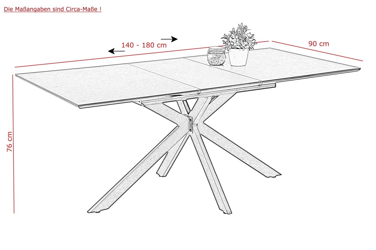 Moderne eettafel met uitschuifbaar tafelblad, afmetingen 140-180 cm x 90 cm x 76 cm, zijaanzicht