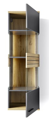 Hängevitrine aus Holz und Glas mit zwei offenen Türen, seitliche Perspektive