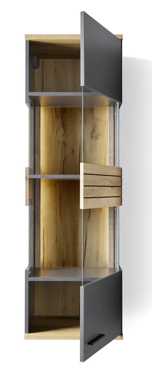 Hängevitrine aus Holz und Glas mit zwei offenen Türen, seitliche Perspektive