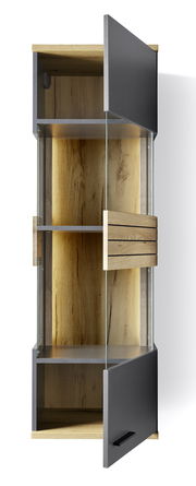 Hängevitrine aus Holz und Glas mit zwei offenen Türen, seitliche Perspektive