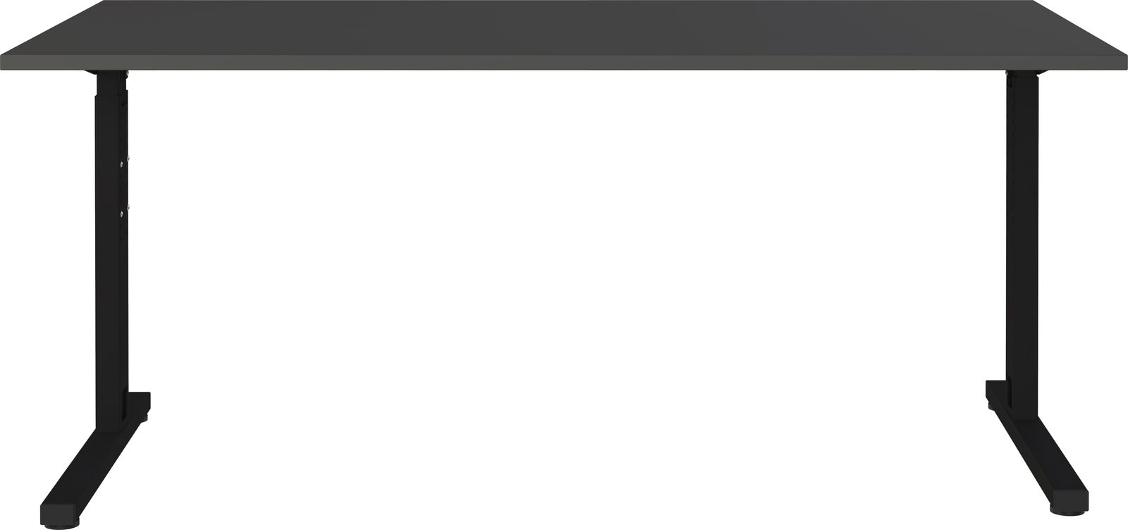 Moderner Schreibtisch mit schwarzer Tischplatte und stabilen Metallbeinen, Frontalansicht