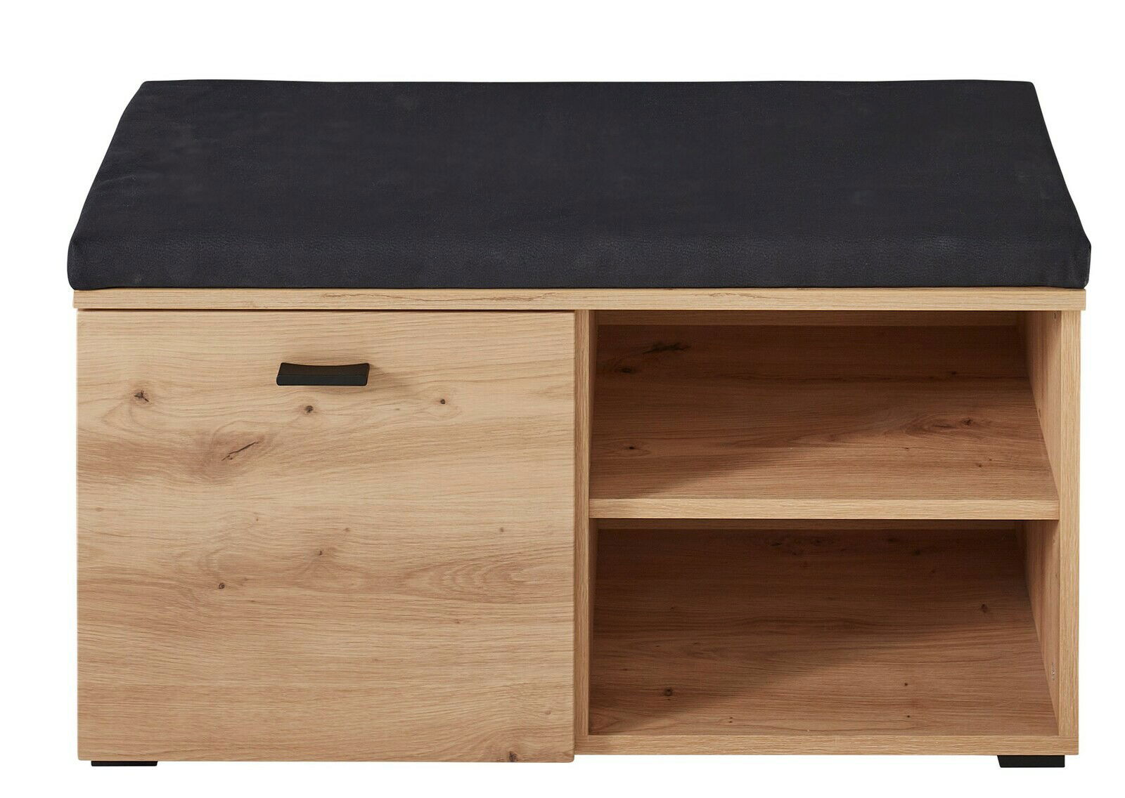 Garderobenbank aus Holz mit schwarzem Sitzpolster, einer Tür mit Griff auf der linken Seite und zwei offenen Fächern rechts, Frontalansicht.