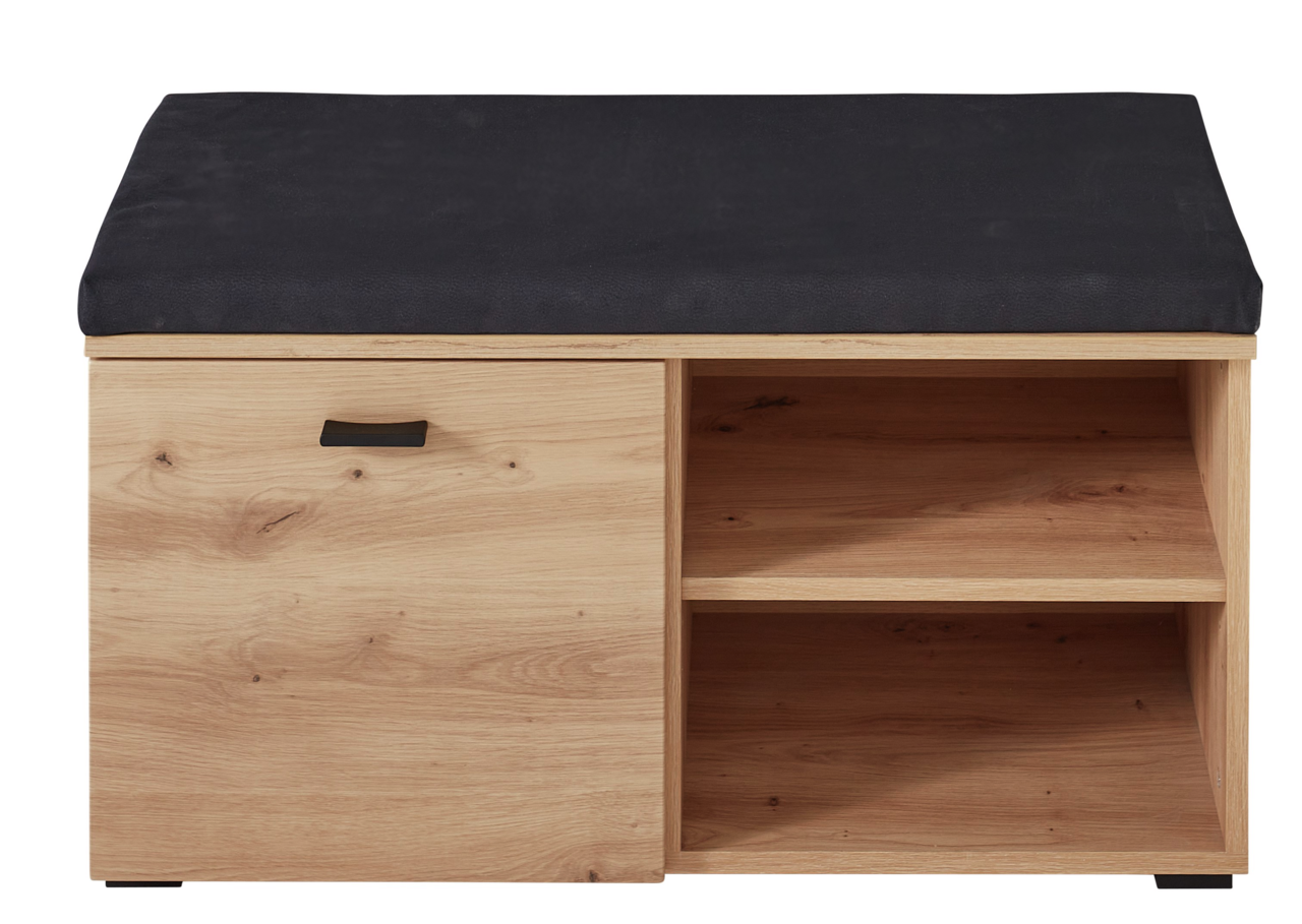 Voleo Garderobenbank BUFFALO Garderobenbank aus Holz mit schwarzem Sitzpolster, einer Tür mit Griff auf der linken Seite und zwei offenen Fächern rechts, Frontalansicht.