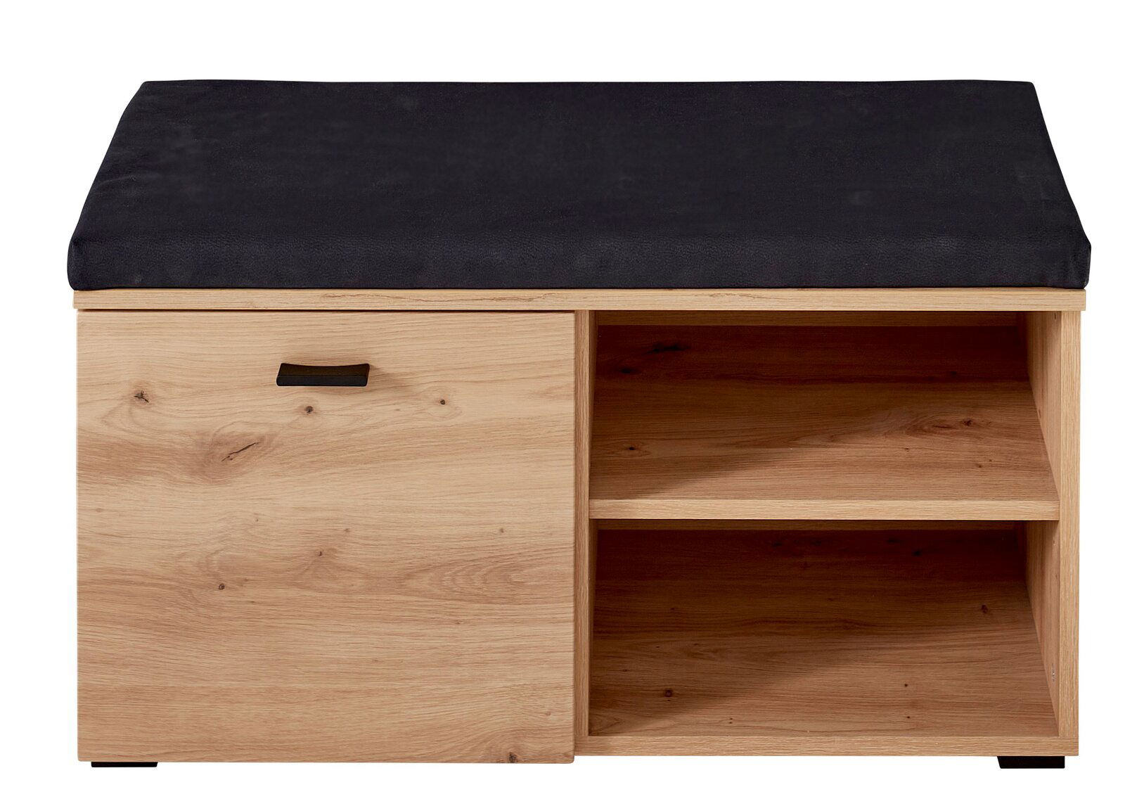 Voleo Garderobenbank BUFFALO Garderobenbank aus Holz mit schwarzem Sitzpolster, einer Tür mit Griff auf der linken Seite und zwei offenen Fächern rechts, Frontalansicht.