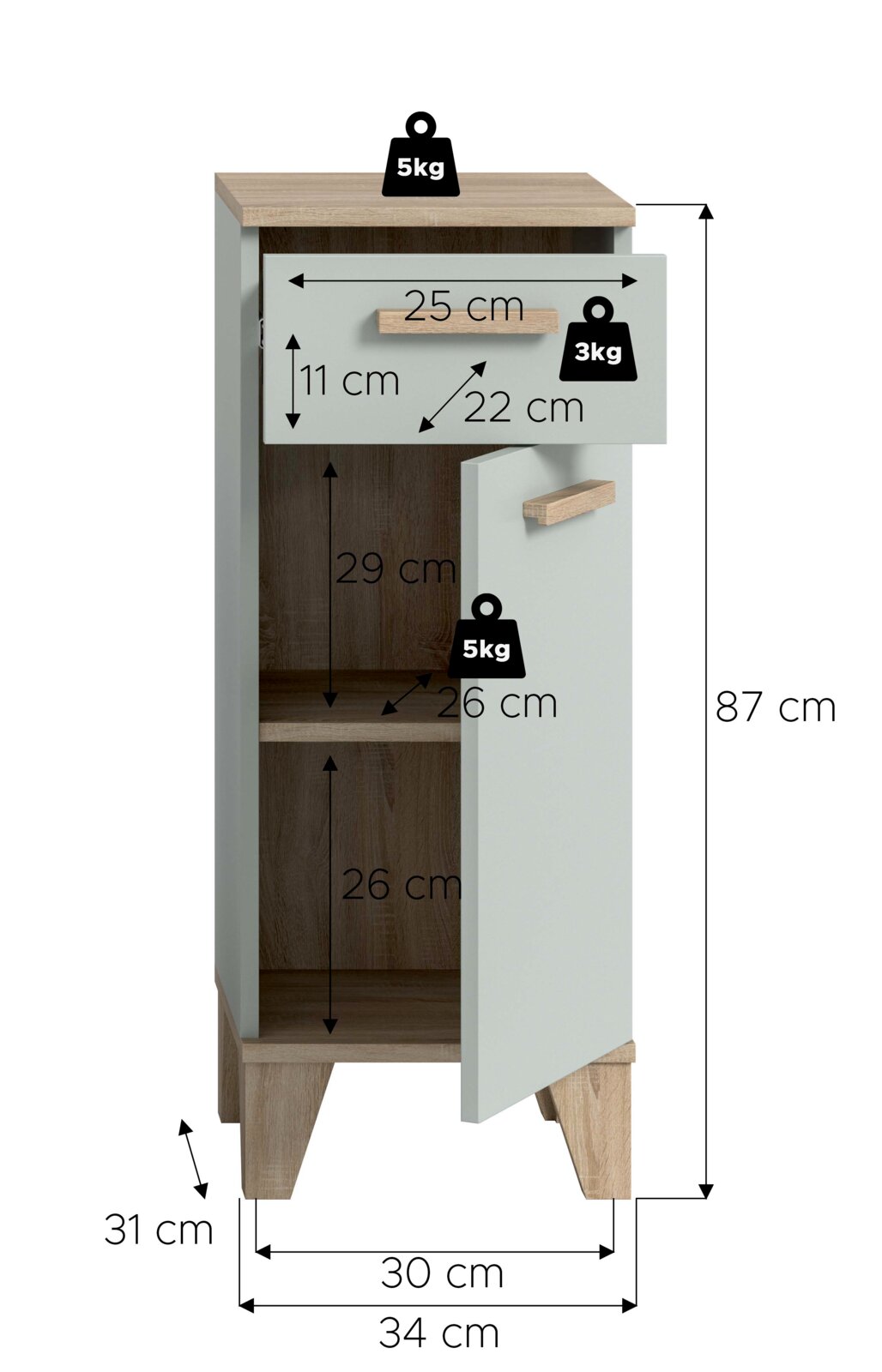 Schmaler Badschrank in Weiß und Holzoptik mit Schublade und Tür, geöffnet mit Maßangaben (Höhe 87 cm, Breite 34 cm, Tiefe 31 cm), Frontansicht leicht schräg von vorne.