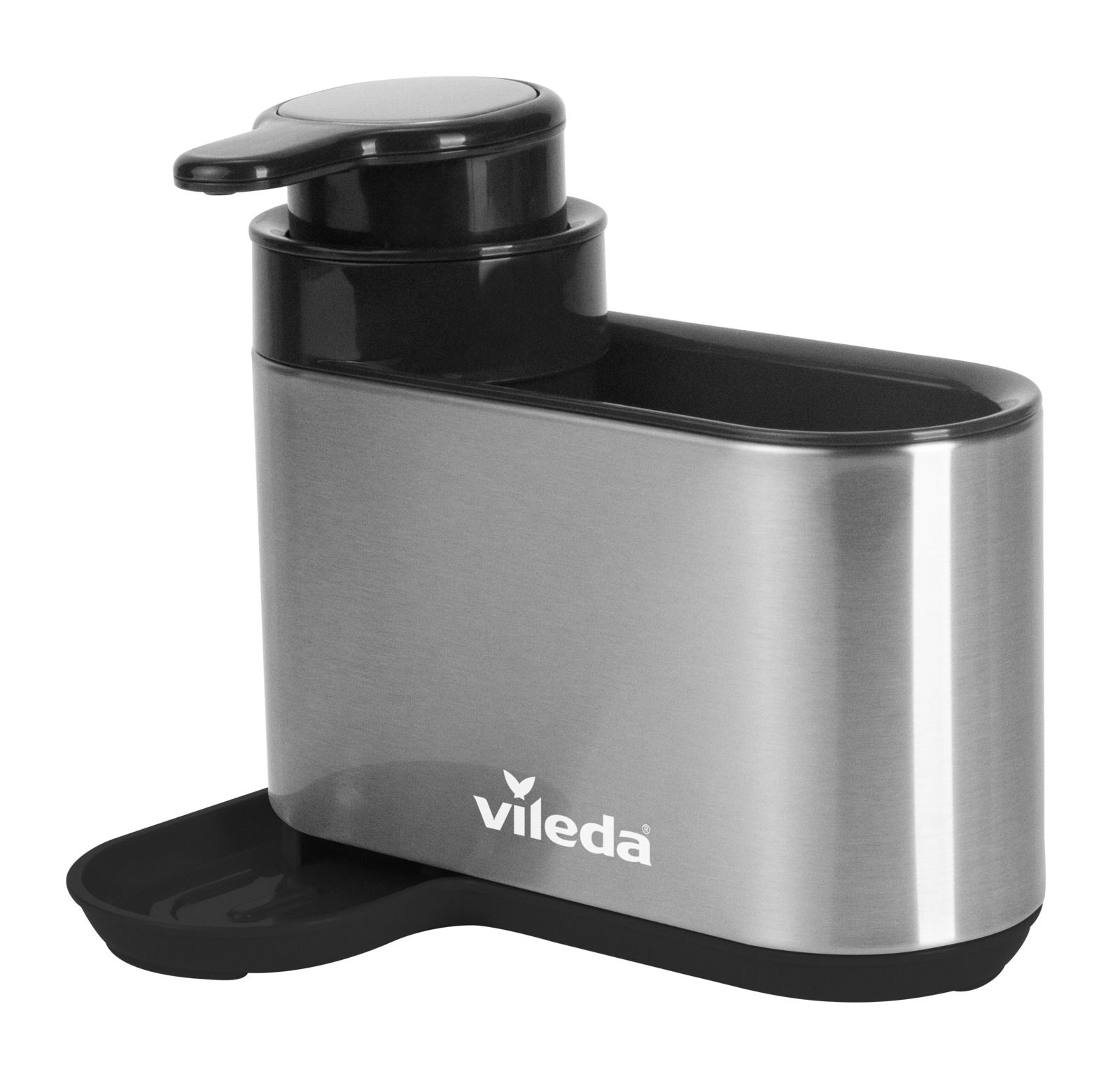 Spülbeckenorganizer mit Seifenspender aus Edelstahl, seitliche Perspektive