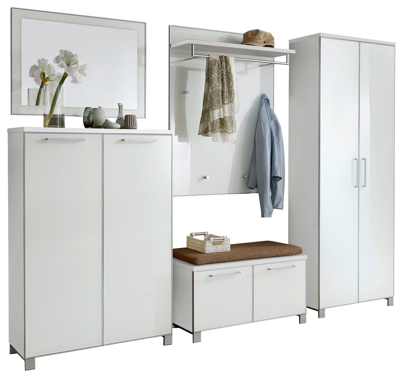 VOSS Garderoben-Set 6-tlg. SANTINA Modernes, sechsteiliges Garderoben-Set in Weiß mit Spiegel, Schränken, Sitzbank und Kleiderhaken, frontal abgebildet.