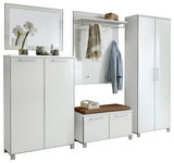 Modernes, sechsteiliges Garderoben-Set in Weiß mit Spiegel, Schränken, Sitzbank und Kleiderhaken, frontal abgebildet.