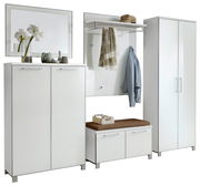 Modernes, sechsteiliges Garderoben-Set in Weiß mit Spiegel, Schränken, Sitzbank und Kleiderhaken, frontal abgebildet.