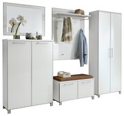 Modernes, sechsteiliges Garderoben-Set in Weiß mit Spiegel, Schränken, Sitzbank und Kleiderhaken, frontal abgebildet.