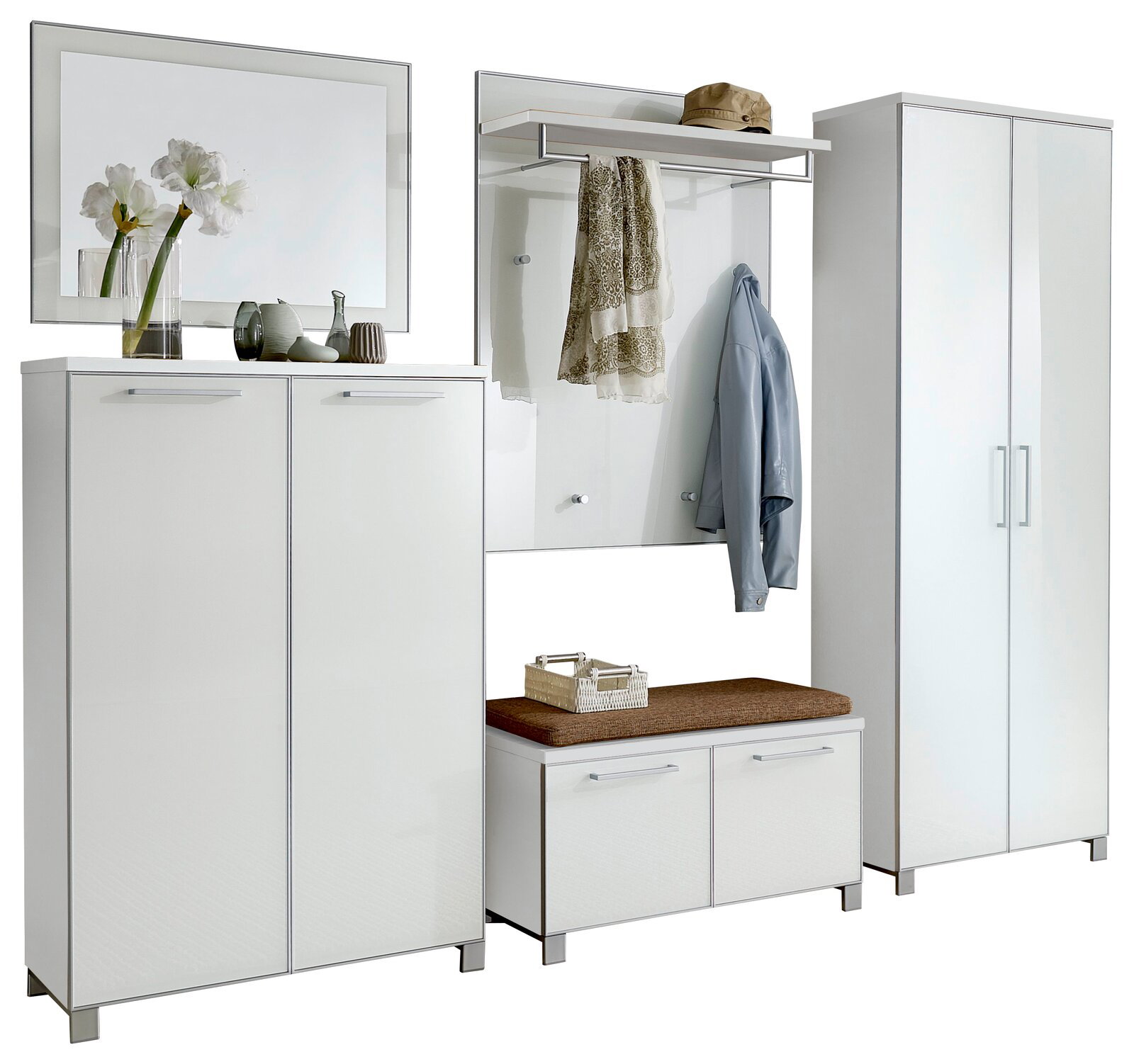 VOSS Garderoben-Set 6-tlg. SANTINA Modernes, sechsteiliges Garderoben-Set in Weiß mit Spiegel, Schränken, Sitzbank und Kleiderhaken, frontal abgebildet.
