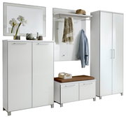 Modernes, sechsteiliges Garderoben-Set in Weiß mit Spiegel, Schränken, Sitzbank und Kleiderhaken, frontal abgebildet.