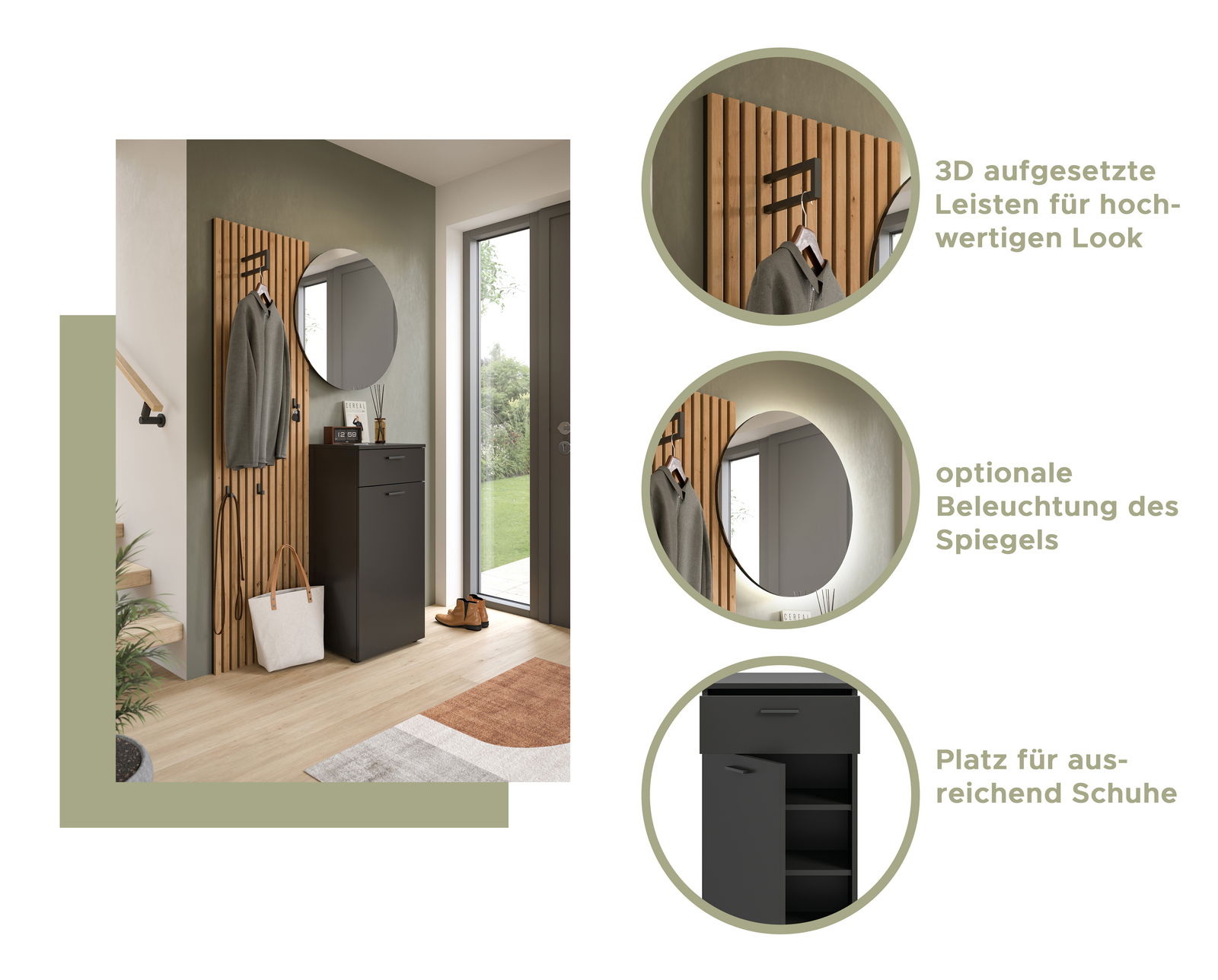 Moderner Schuhschrank in dunklem Design mit Spiegel und Holzleisten, seitliche Perspektive