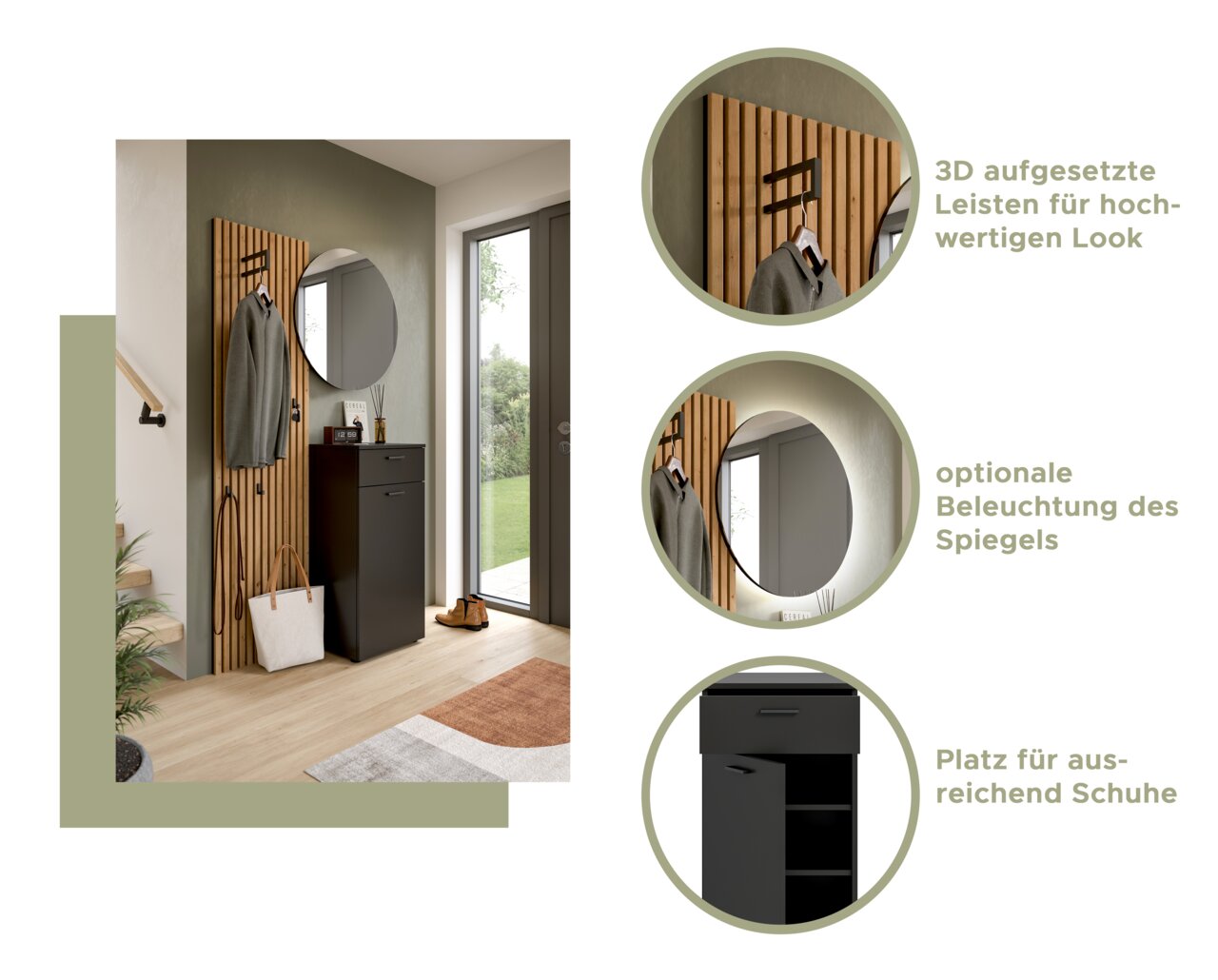 Moderner Schuhschrank in dunklem Design mit Spiegel und Holzleisten, seitliche Perspektive