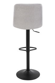 Rückansicht eines modernen Barhockers mit grauem Stoffbezug und schwarzem Metallgestell.