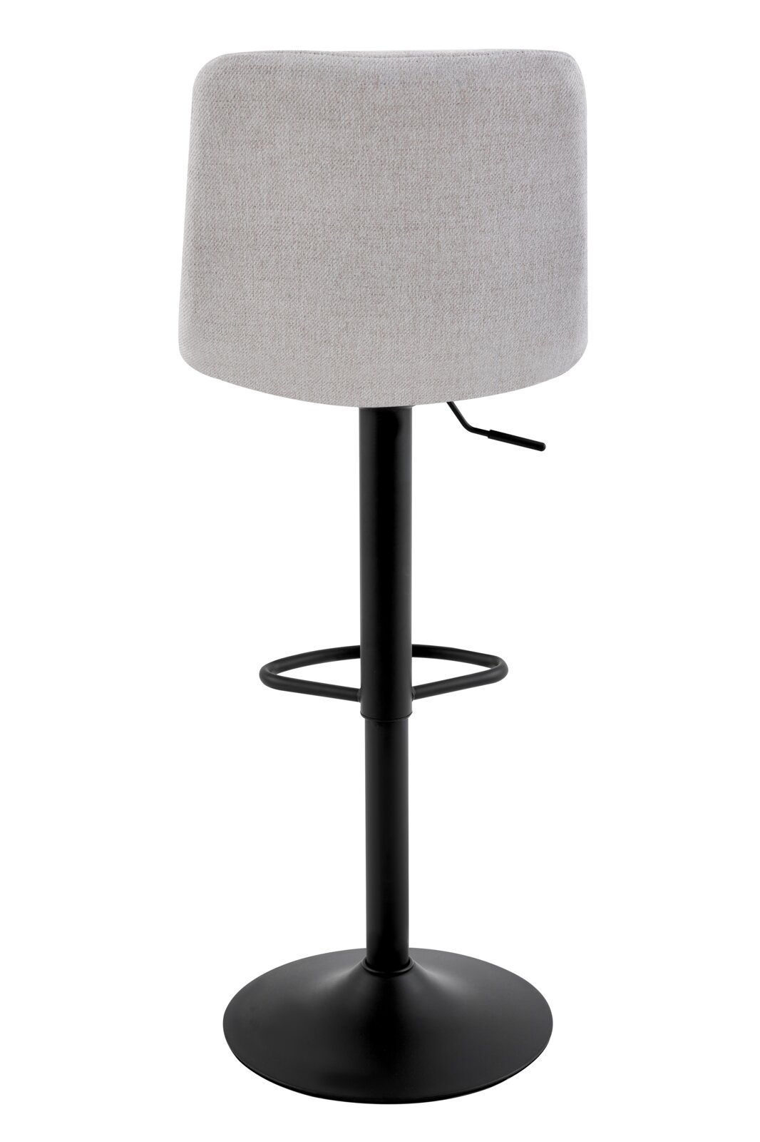 Achterkant van een moderne barkruk met grijze stoffen bekleding en een zwart metalen onderstel.