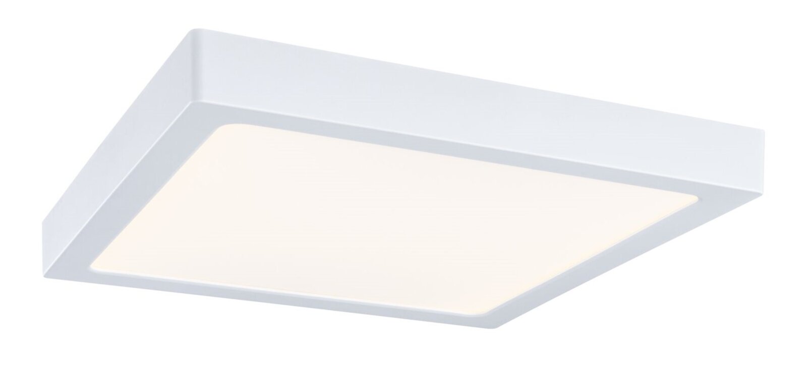 Quadratische, flache LED-Deckenleuchte in Weiß mit diffuser Lichtfläche, freigestellt vor weißem Hintergrund, in schräger Perspektive von unten/seitlich gezeigt