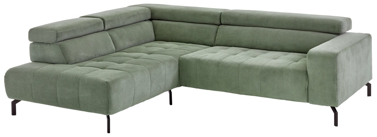 Beldomo Style Ecksofa ZELL Grüne Eckgarnitur mit modernem Design, aus einer schrägen Perspektive fotografiert.