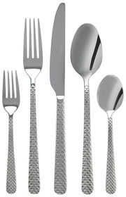 Besteckset aus Edelstahl mit Fischschuppenmuster, bestehend aus Gabel, Messer, Esslöffel, Dessertgabel und Teelöffel, von oben betrachtet.