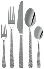 Besteckset aus Edelstahl mit Fischschuppenmuster, bestehend aus Gabel, Messer, Esslöffel, Dessertgabel und Teelöffel, von oben betrachtet.
