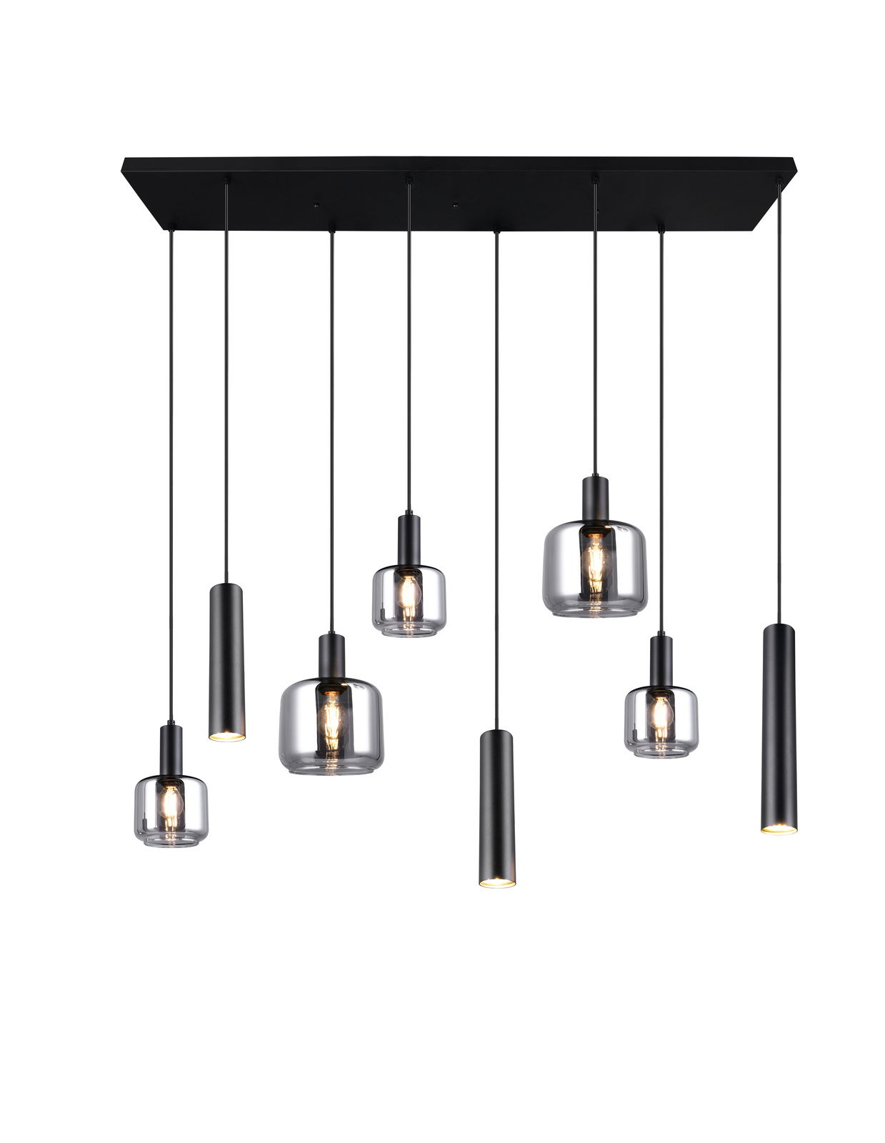 Moderne Pendelleuchte mit sechs hängenden Lampen in verschiedenen Formen, aus schwarzem Metall und Glas, von unten betrachtet.