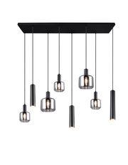 Moderne Pendelleuchte mit sechs hängenden Lampen in verschiedenen Formen, aus schwarzem Metall und Glas, von unten betrachtet.
