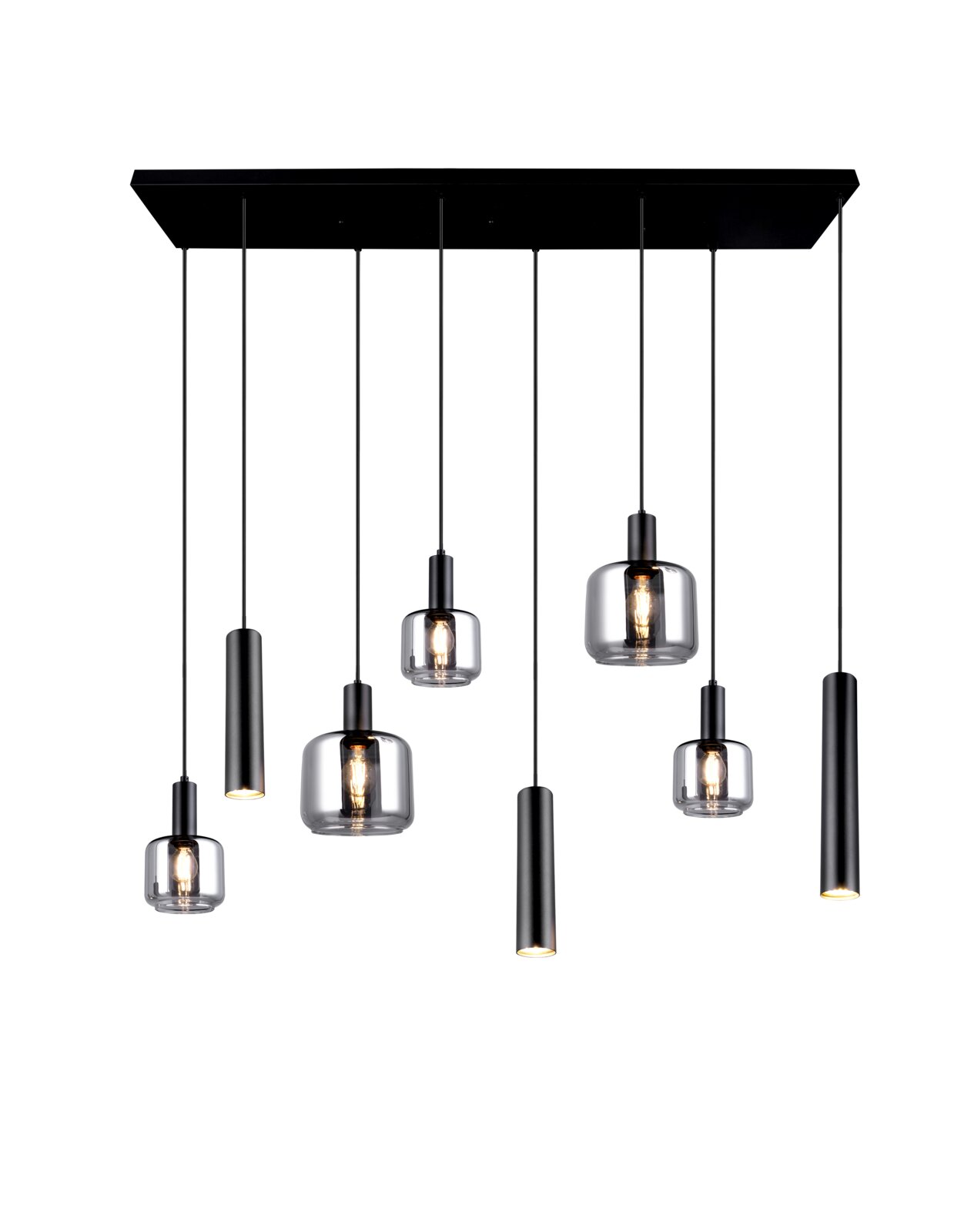 Moderne hanglamp met zes hangende lampen in verschillende vormen, van zwart metaal en glas, gezien van onderaf.
