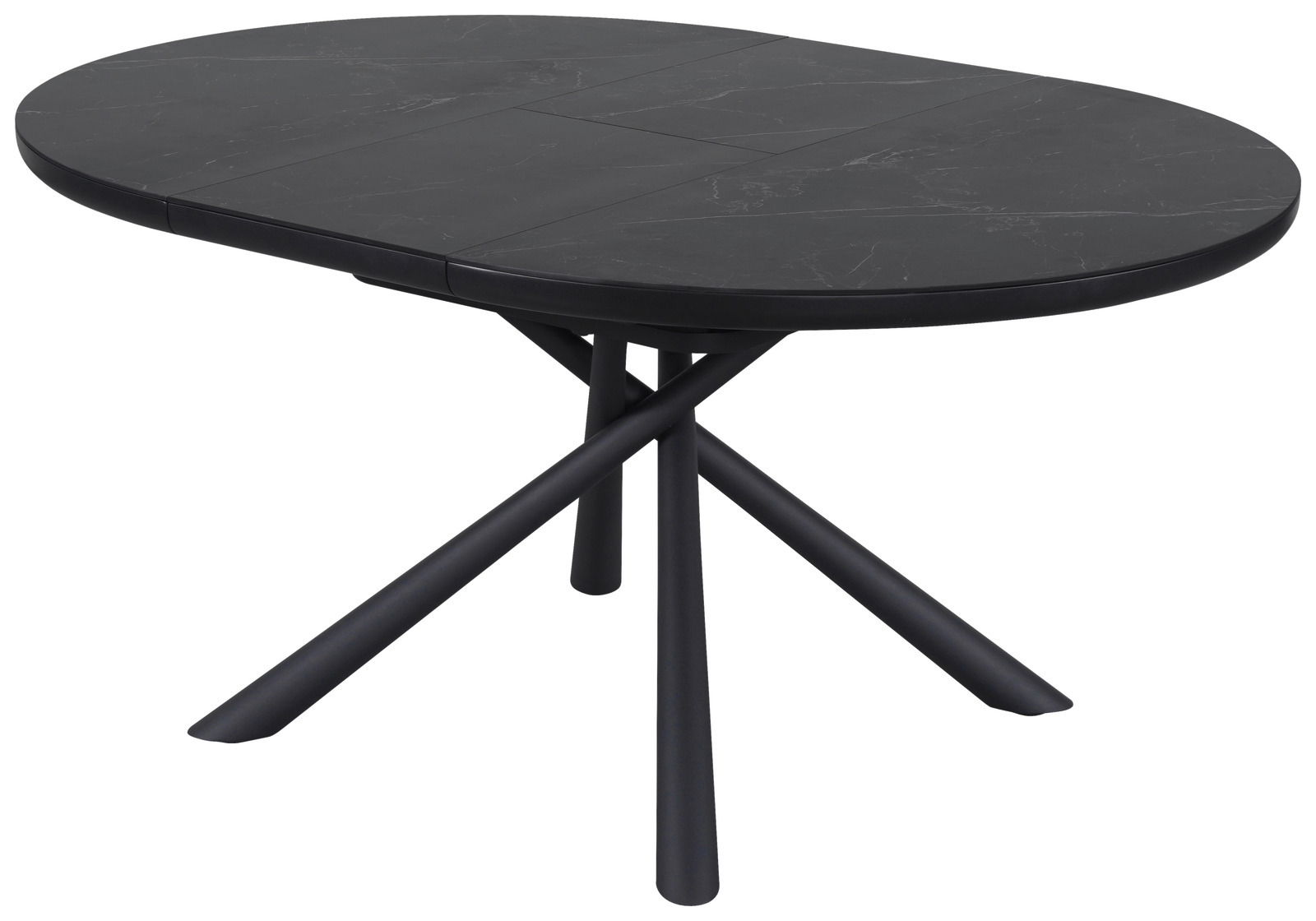 Moderner schwarzer Esstisch mit ovaler Tischplatte und gekreuzten Beinen, seitliche Perspektive