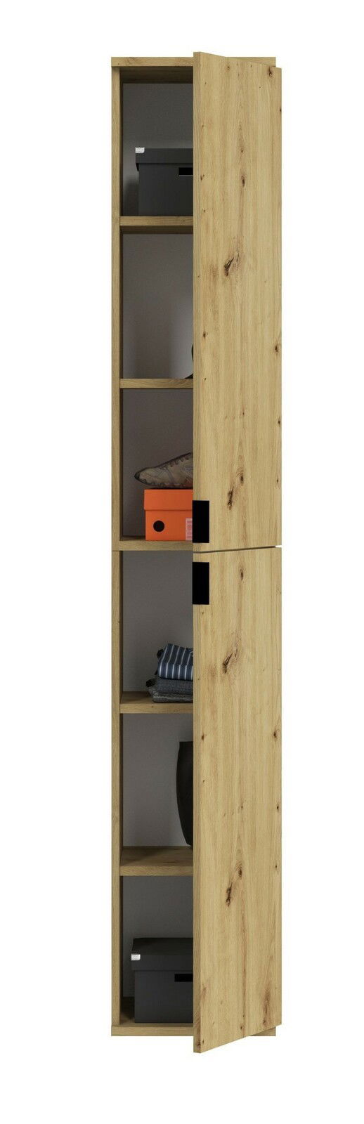 Schmaler Garderobenschrank aus Holz mit geöffneter Tür, zeigt mehrere Regalböden mit Boxen und Kleidung, Frontalansicht.