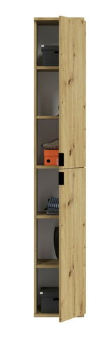 Schmaler Garderobenschrank aus Holz mit geöffneter Tür, zeigt mehrere Regalböden mit Boxen und Kleidung, Frontalansicht.