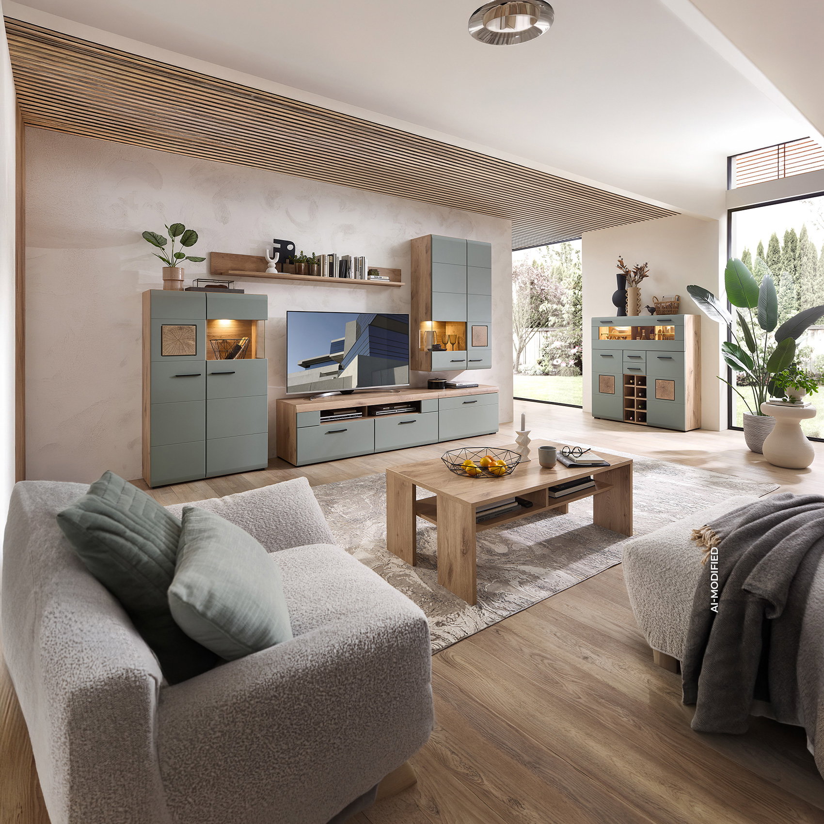 AI-modiefied: Moderne woonkamer met wandmeubel, bank en salontafel; logo’s „Prime Shopping Week“ en Z2.