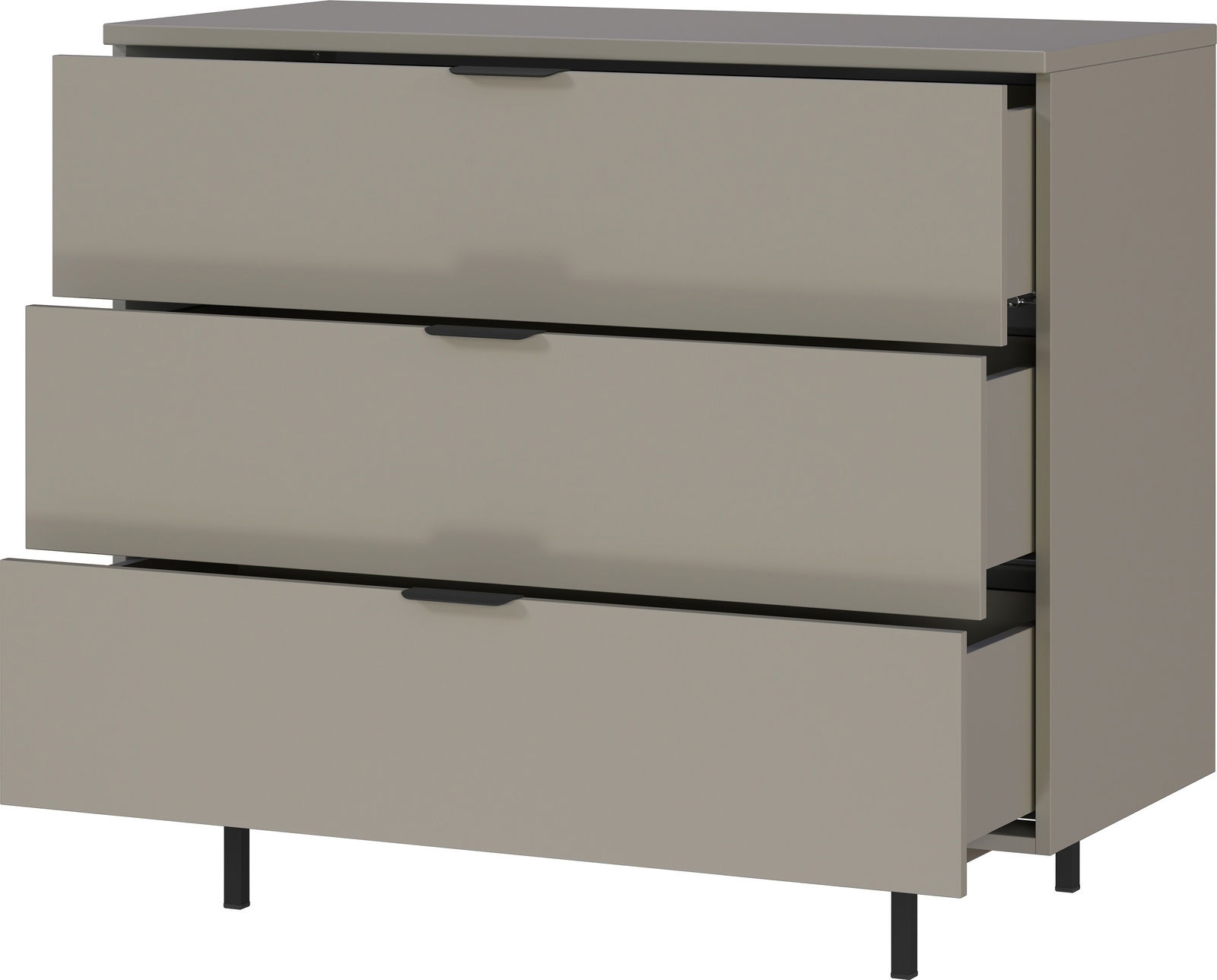 Kommode mit drei offenen Schubladen, seitliche Perspektive