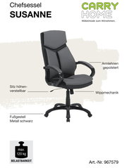 Chefsessel in seitlicher Perspektive mit gepolsterten Armlehnen, höhenverstellbarem Sitz, Wippmechanik und schwarzem Metallfußgestell, max. Belastbarkeit 120 kg.