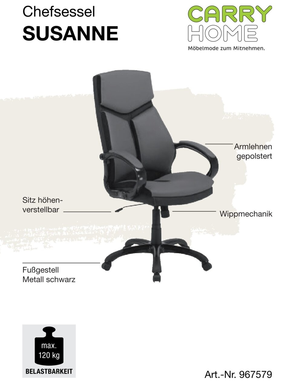 Chefsessel in seitlicher Perspektive mit gepolsterten Armlehnen, höhenverstellbarem Sitz, Wippmechanik und schwarzem Metallfußgestell, max. Belastbarkeit 120 kg.