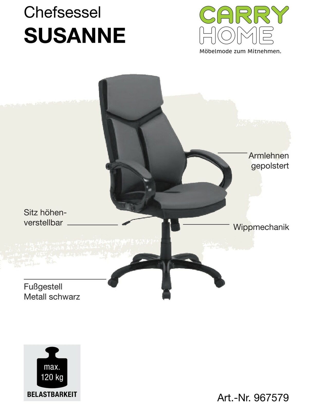 Chefsessel in seitlicher Perspektive mit gepolsterten Armlehnen, höhenverstellbarem Sitz, Wippmechanik und schwarzem Metallfußgestell, max. Belastbarkeit 120 kg.