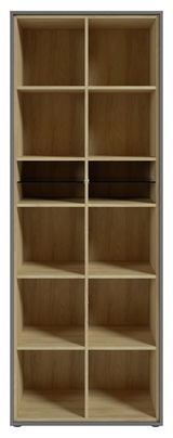 Frontale Ansicht eines hohen Aktenregals mit mehreren Fächern aus Holz.