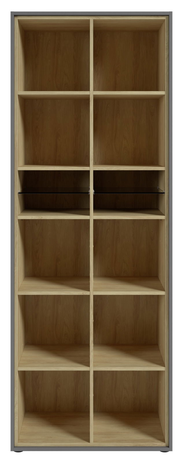 Frontale Ansicht eines hohen Aktenregals mit mehreren Fächern aus Holz.