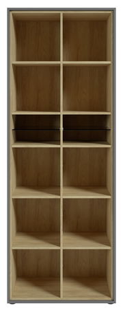 Frontale Ansicht eines hohen Aktenregals mit mehreren Fächern aus Holz.