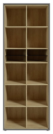 Frontale Ansicht eines hohen Aktenregals mit mehreren Fächern aus Holz.