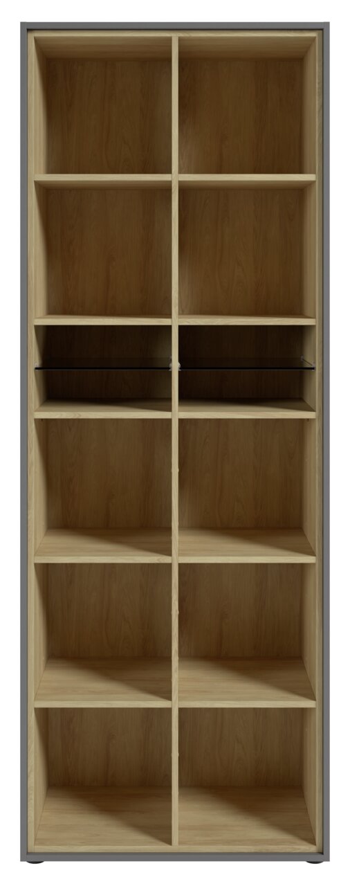 Frontale Ansicht eines hohen Aktenregals mit mehreren Fächern aus Holz.