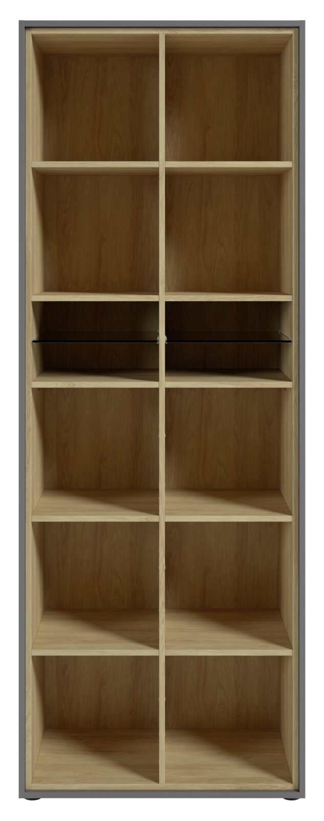 Frontale Ansicht eines hohen Aktenregals mit mehreren Fächern aus Holz.