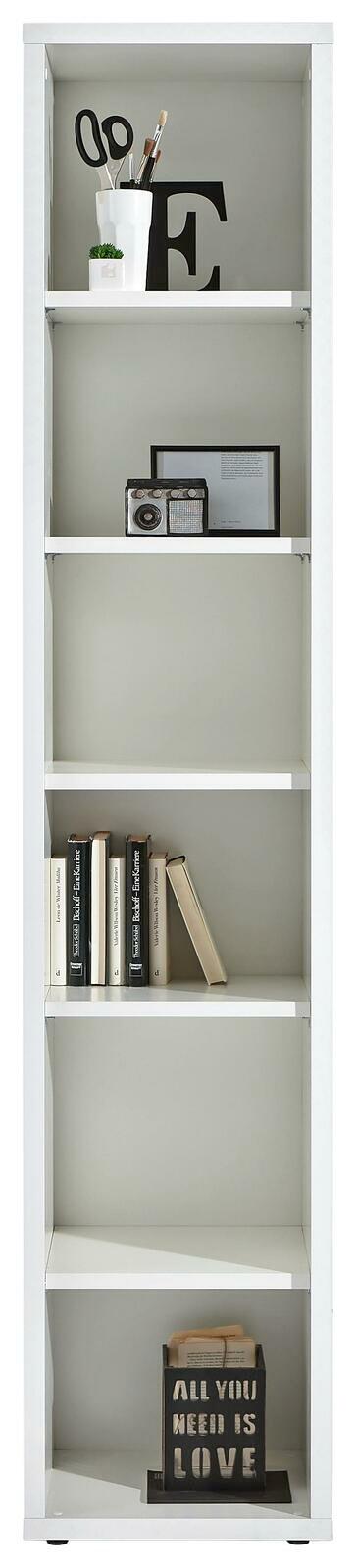 Weißes Regal mit mehreren Fächern, gefüllt mit Büchern, Dekorationen und einem Pflanzentopf, frontal betrachtet.