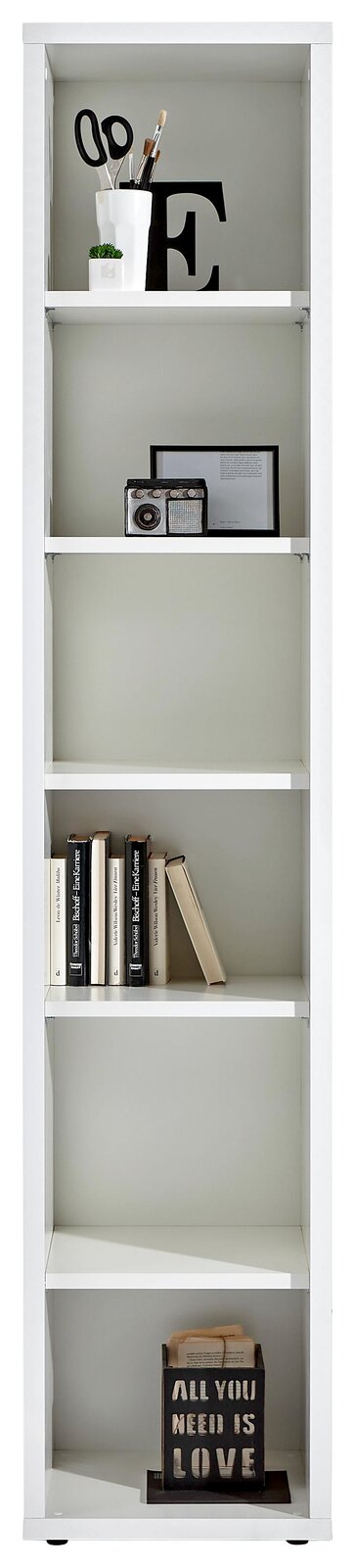 Weißes Regal mit mehreren Fächern, gefüllt mit Büchern, Dekorationen und einem Pflanzentopf, frontal betrachtet.